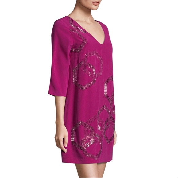 TRINA TURK Boysenberry GLITTERATI Beaded Sequins Geo Pattern Silk Mini Dress - Picture 2 of 8
